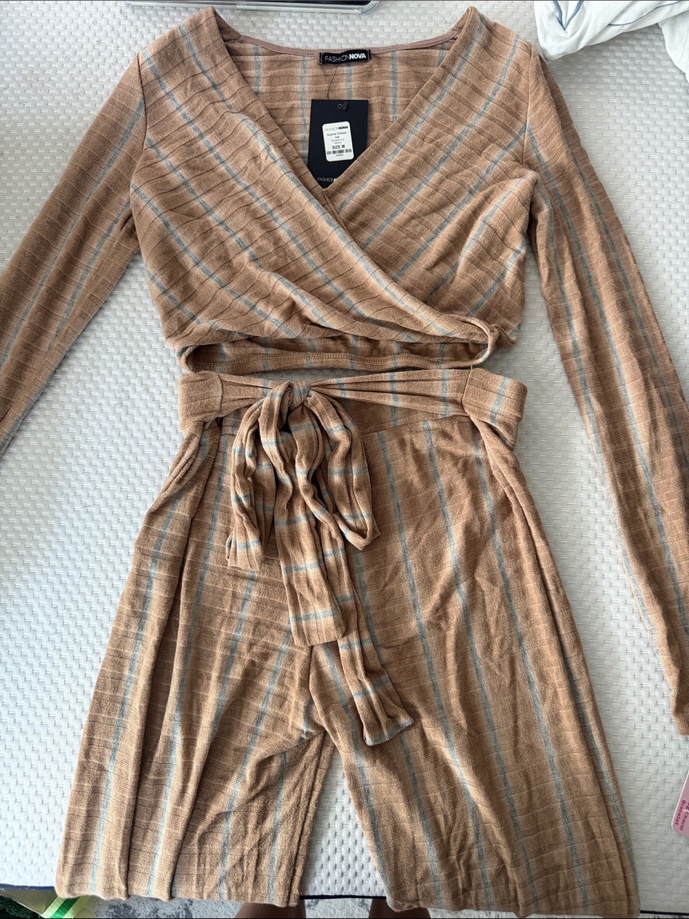 Fashion Nova Tan Plaid Wrap Jumpsuit with Blue Stripes